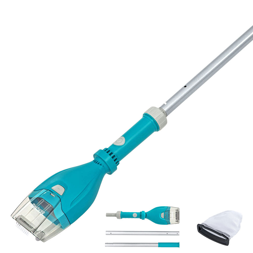 Cordless pool vacuum head with teal body and clear debris window on a silver pole