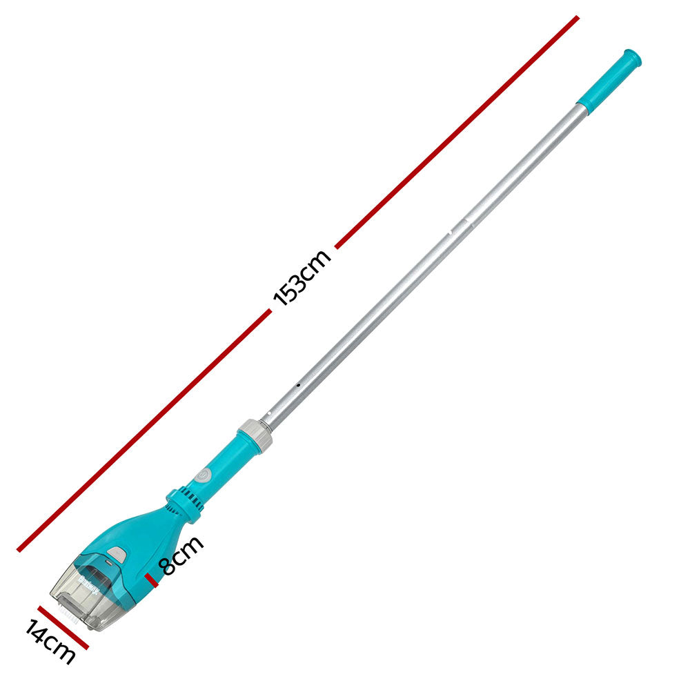 Cordless pool vacuum cleaner with teal handle and clear intake, full length pole shown