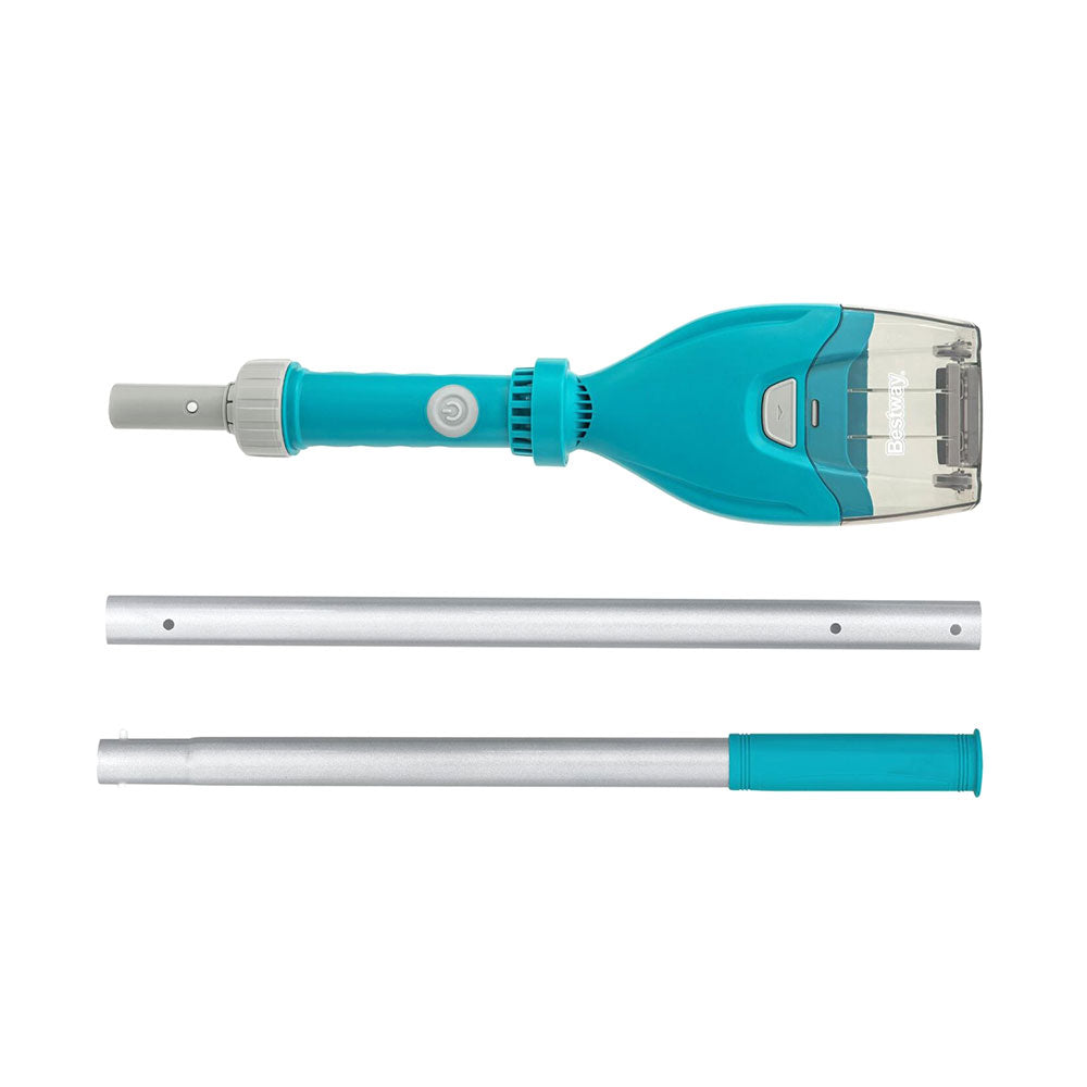 Teal cordless pool vacuum unit with transparent front and two silver extension tubes