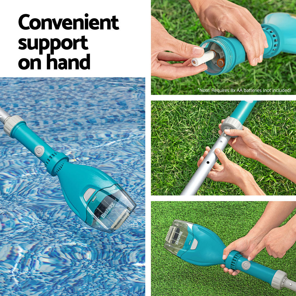 Cordless pool vacuum cleaner with teal handle and hands attaching or removing a part