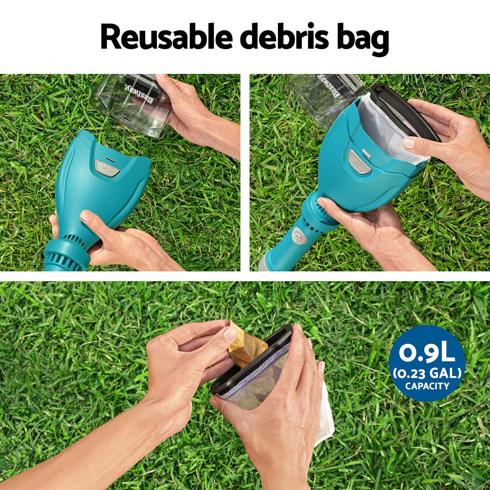 Teal cordless pool vacuum showing reusable debris bag capacity and insert