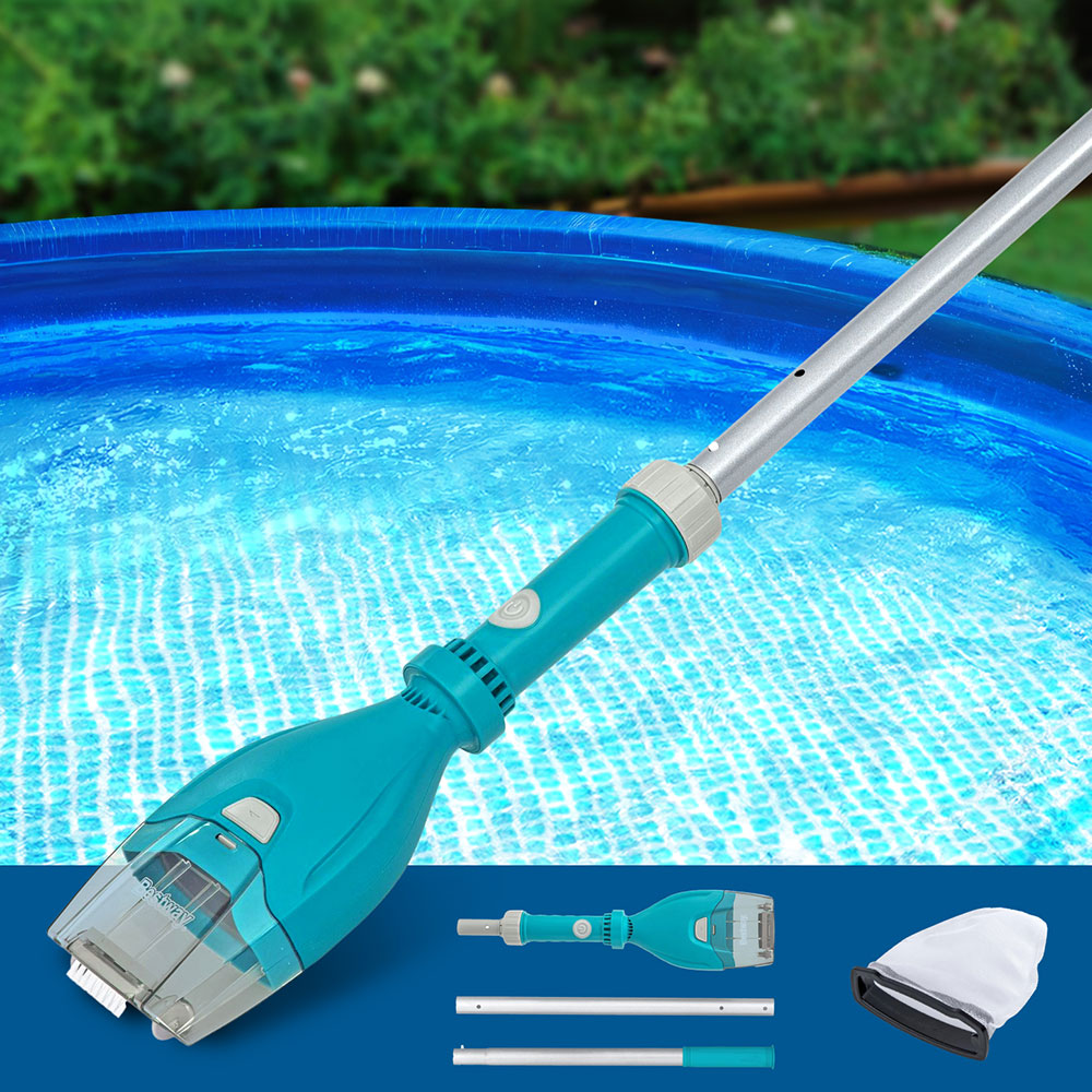 Cordless pool vacuum cleaner kit with teal vacuum head, pole, and spare debris bag