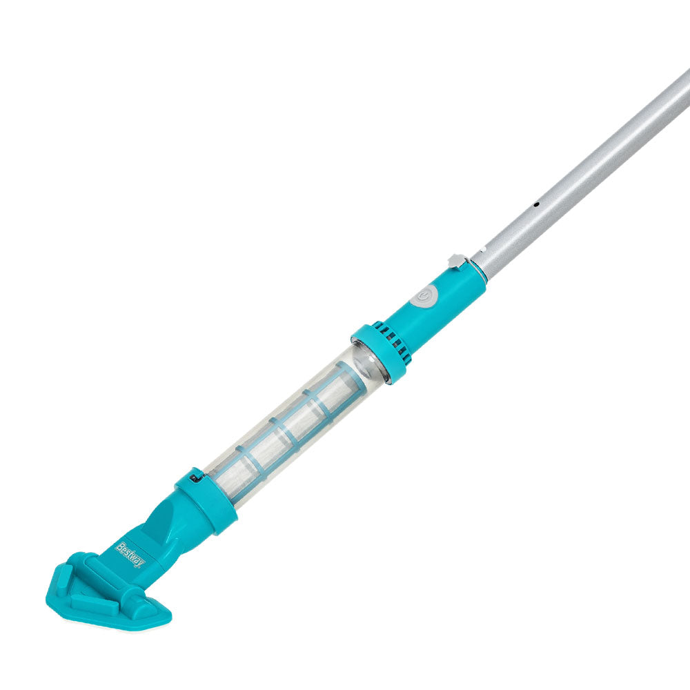 Cordless pool vacuum head on teal brush, with silver telescopic pole