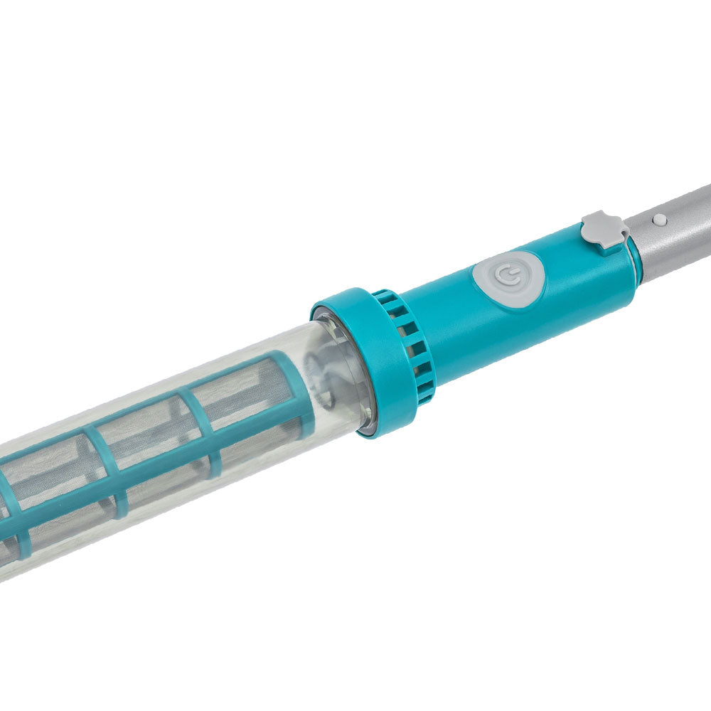 Pool vacuum tube with clear filter chamber and teal control handle on silver pole