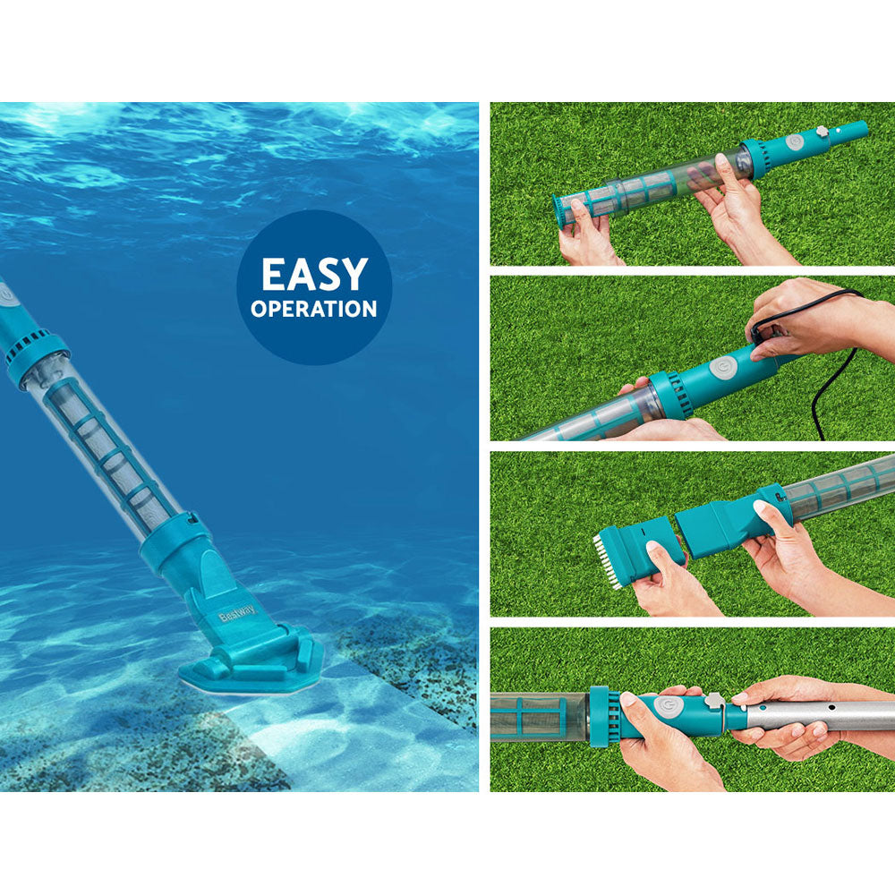 Pool vacuum pole and teal vacuum head shown during pool cleaning