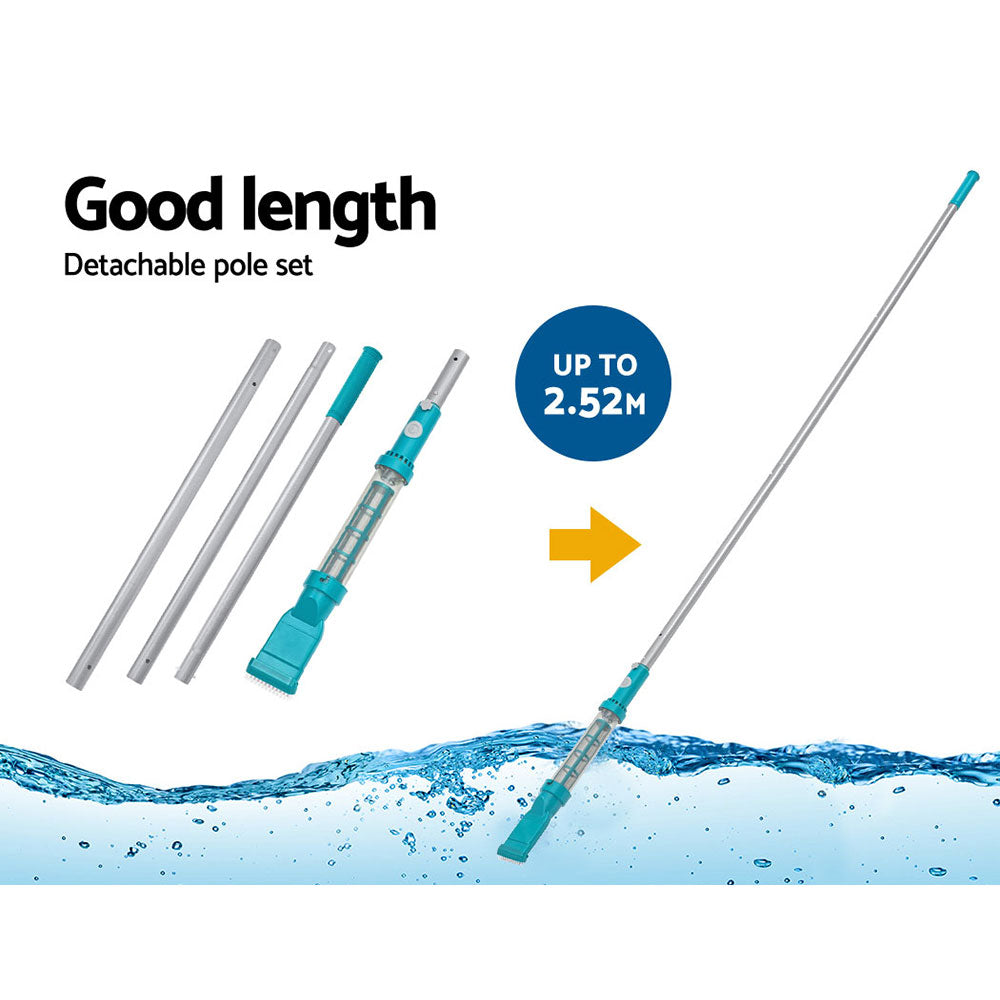 Detachable pool vacuum pole set with teal connector, plus assembled pole