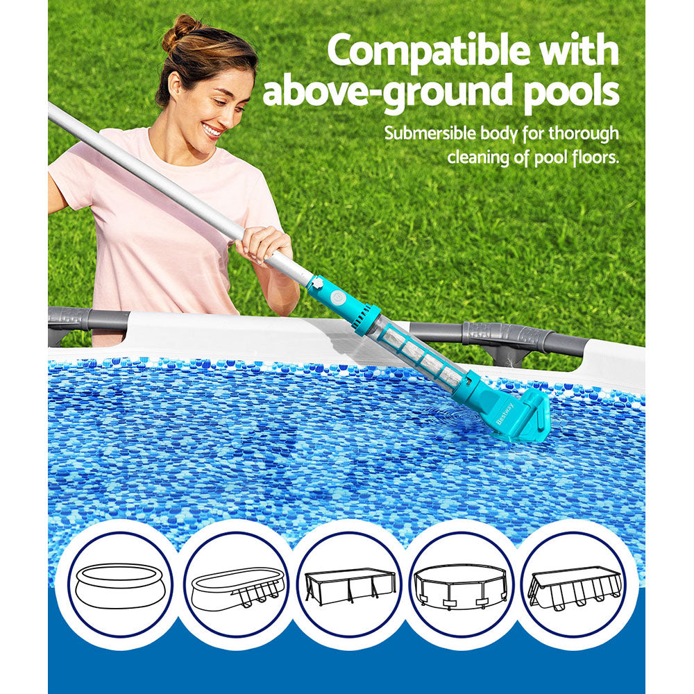 Pool vacuum for above-ground pools with teal head on silver pole