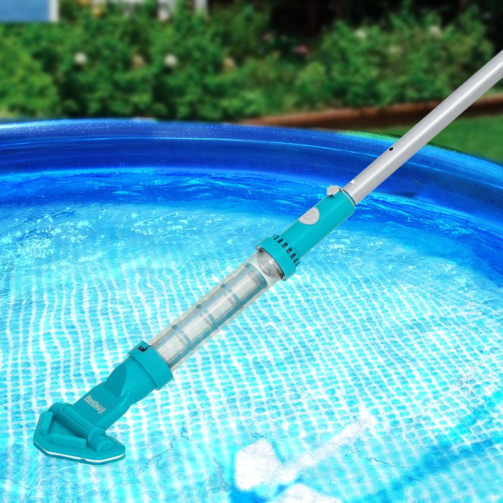 Pool vacuum head with clear filter chamber on silver pole in blue pool