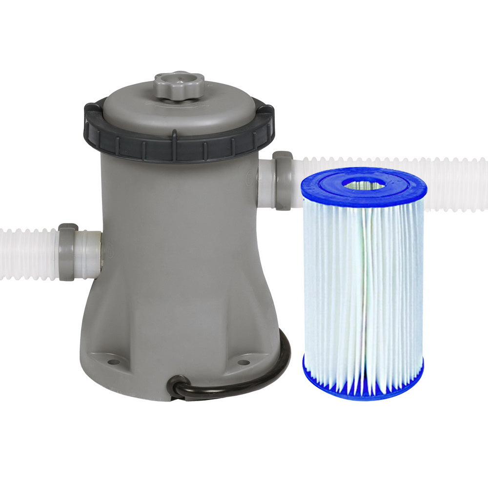 Pool pump filter cartridge assembly with grey housing and blue filter cartridge