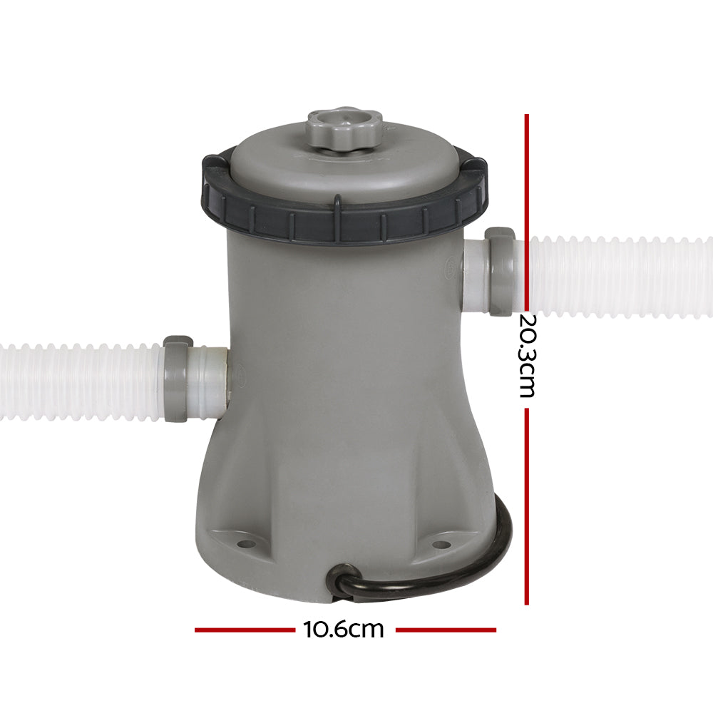 Pool pump filter housing with blue top and size markers, grey body