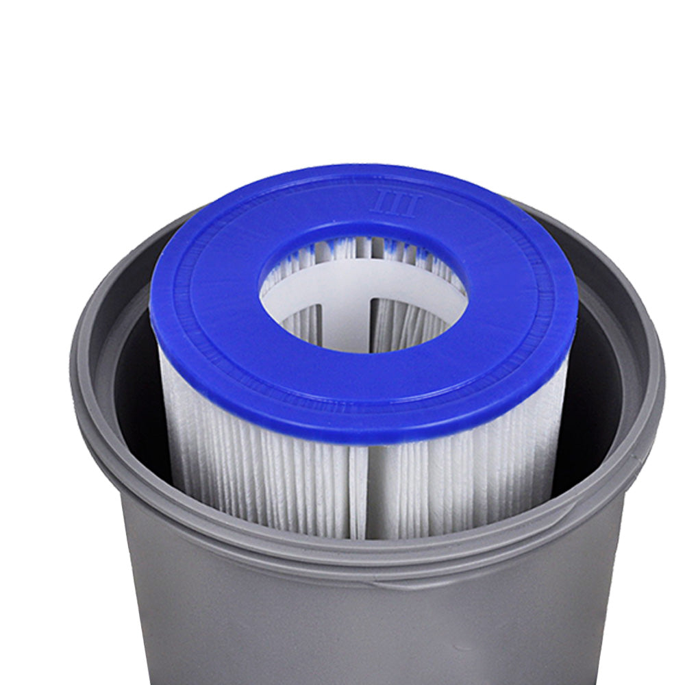 Pool filter cartridge with pleated white filter media and blue top ring
