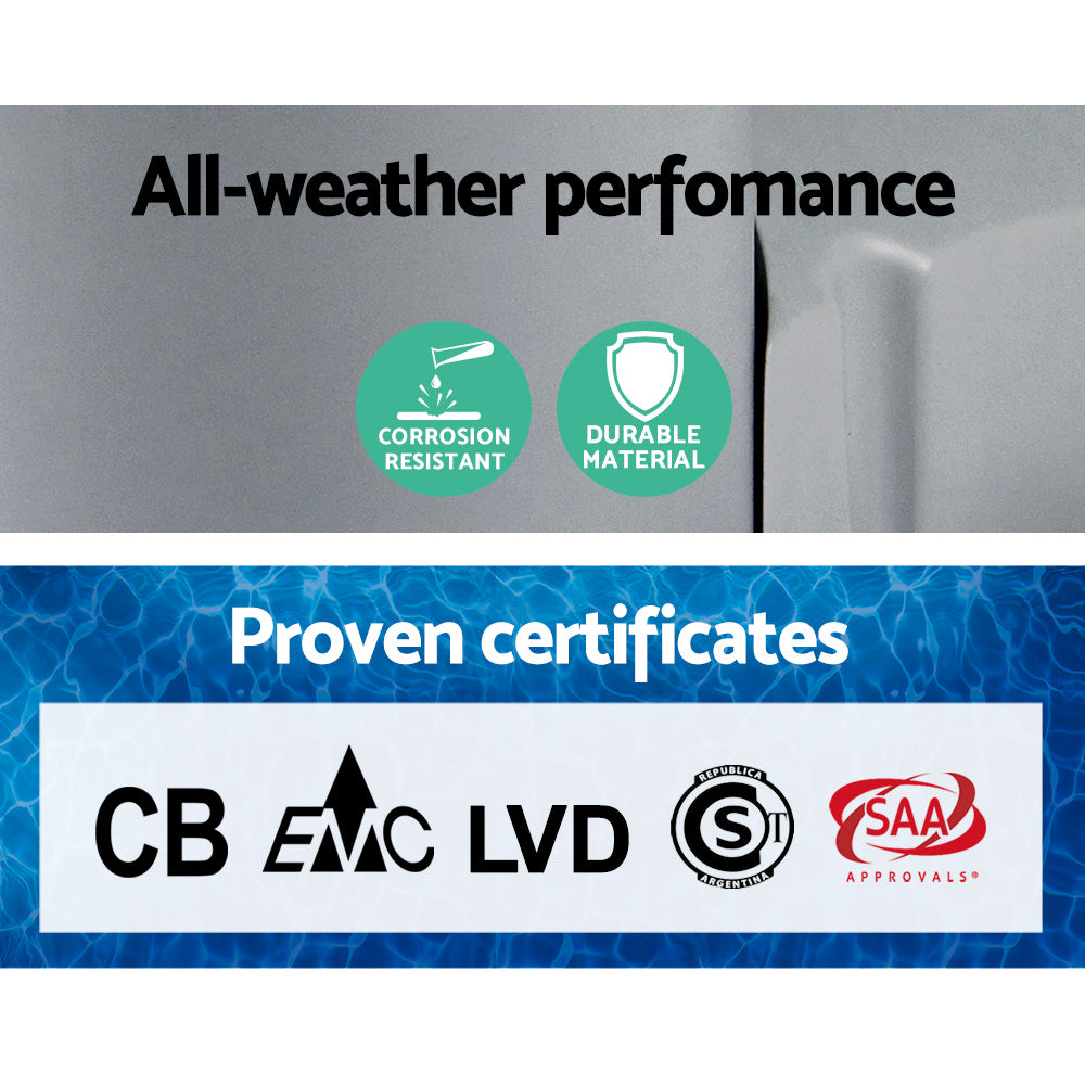 Pool pump housing with all-weather performance graphic icons