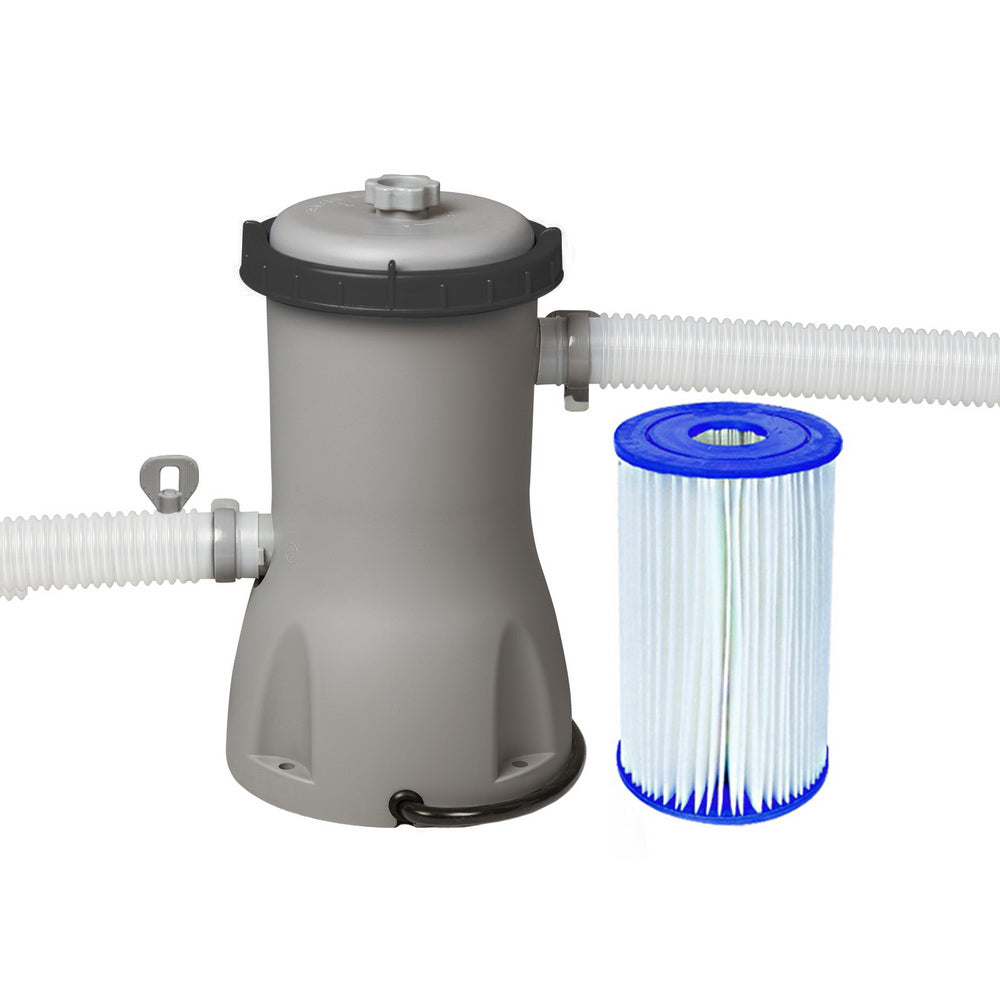 Pool filter cartridge housing with blue filter element and connected hoses