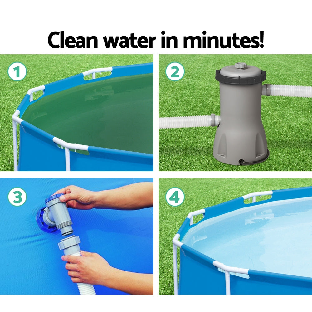 Pool filter cartridge pump set up near above-ground pool with hoses connected