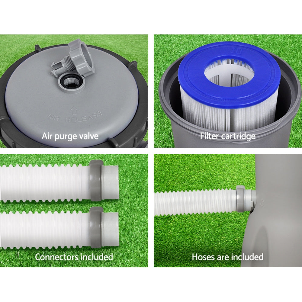 Pool filter cartridge pump with air purge valve, connectors, and included hoses