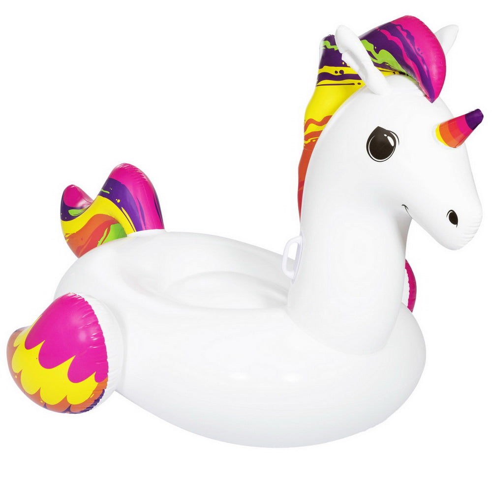 Unicorn inflatable pool float lounger in white with rainbow mane and tail accents