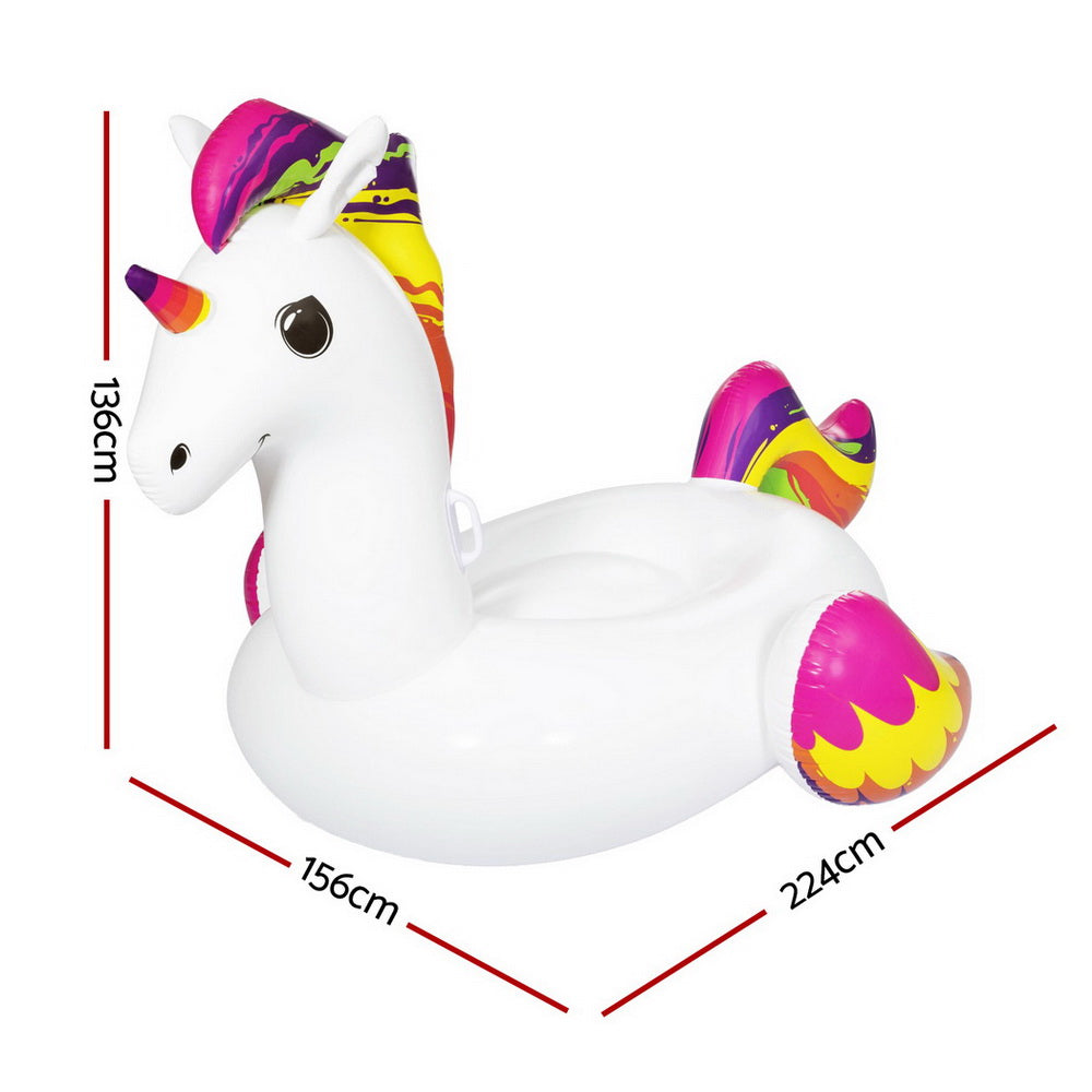 Unicorn inflatable pool float lounger with rainbow mane, horn, and wing-shaped sides