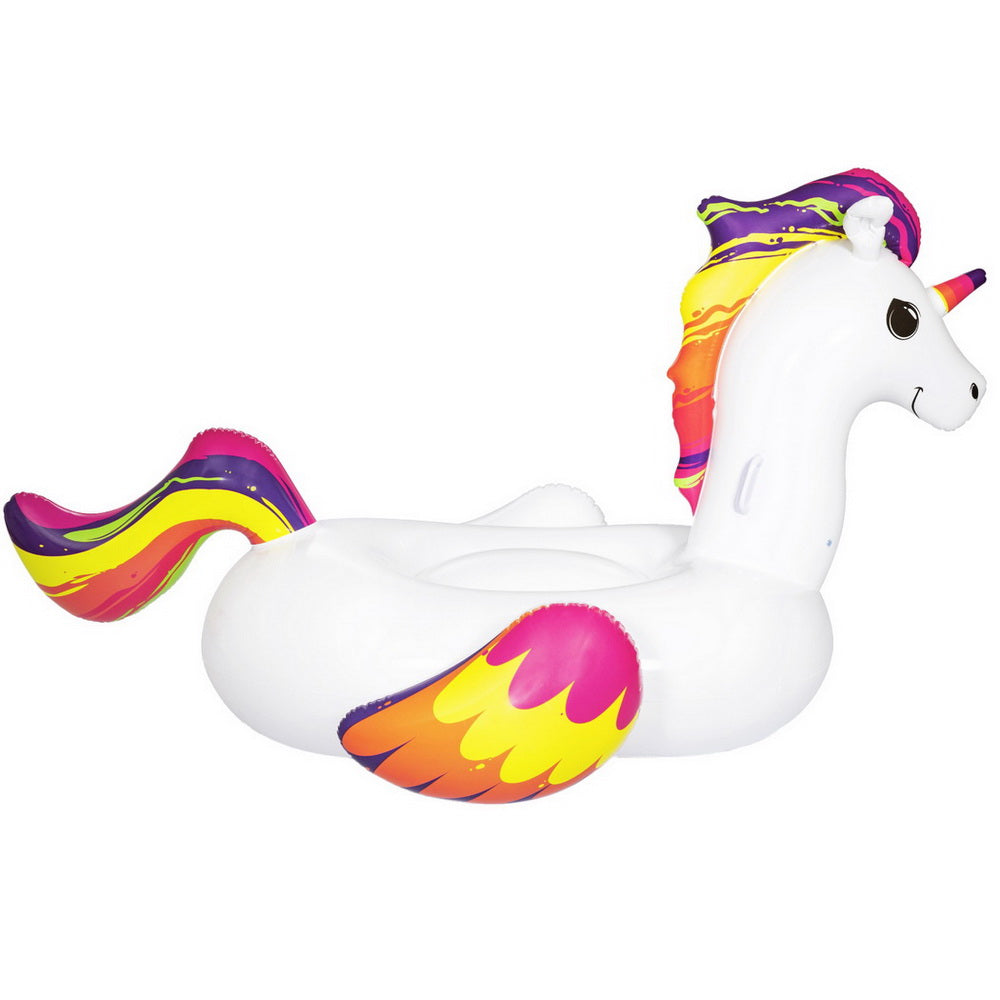 Unicorn inflatable pool float lounger in white with rainbow mane and scalloped wing accents