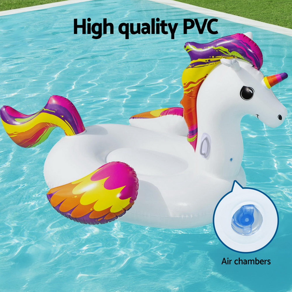 Unicorn inflatable pool float with rainbow mane and wing accents plus air chamber rings