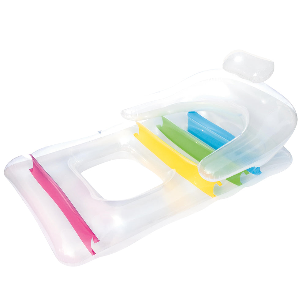 Inflatable lounge seat with built-in pillow, clear vinyl and colorful side rails