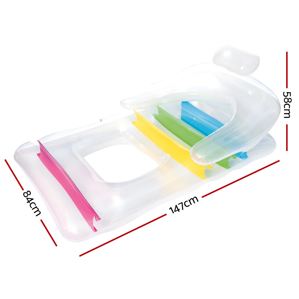Inflatable lounge seat with built-in pillow, clear vinyl and colorful striped rails