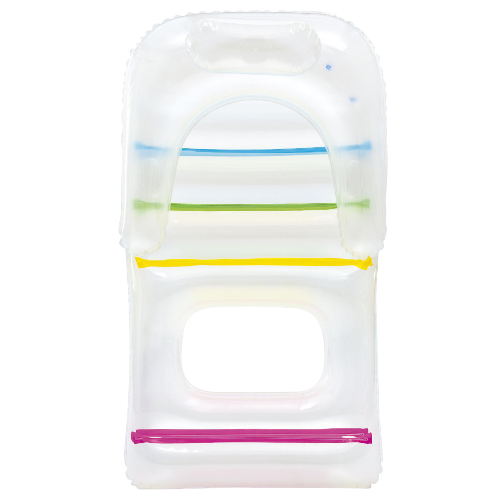 Inflatable lounge seat with built-in pillow, clear vinyl and rainbow horizontal bars
