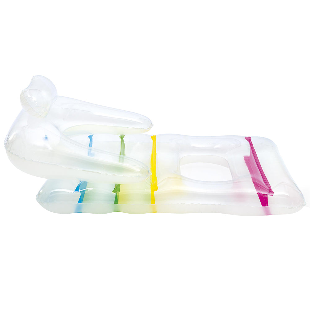 Inflatable lounge seat side view with built-in pillow, clear vinyl and rainbow rails