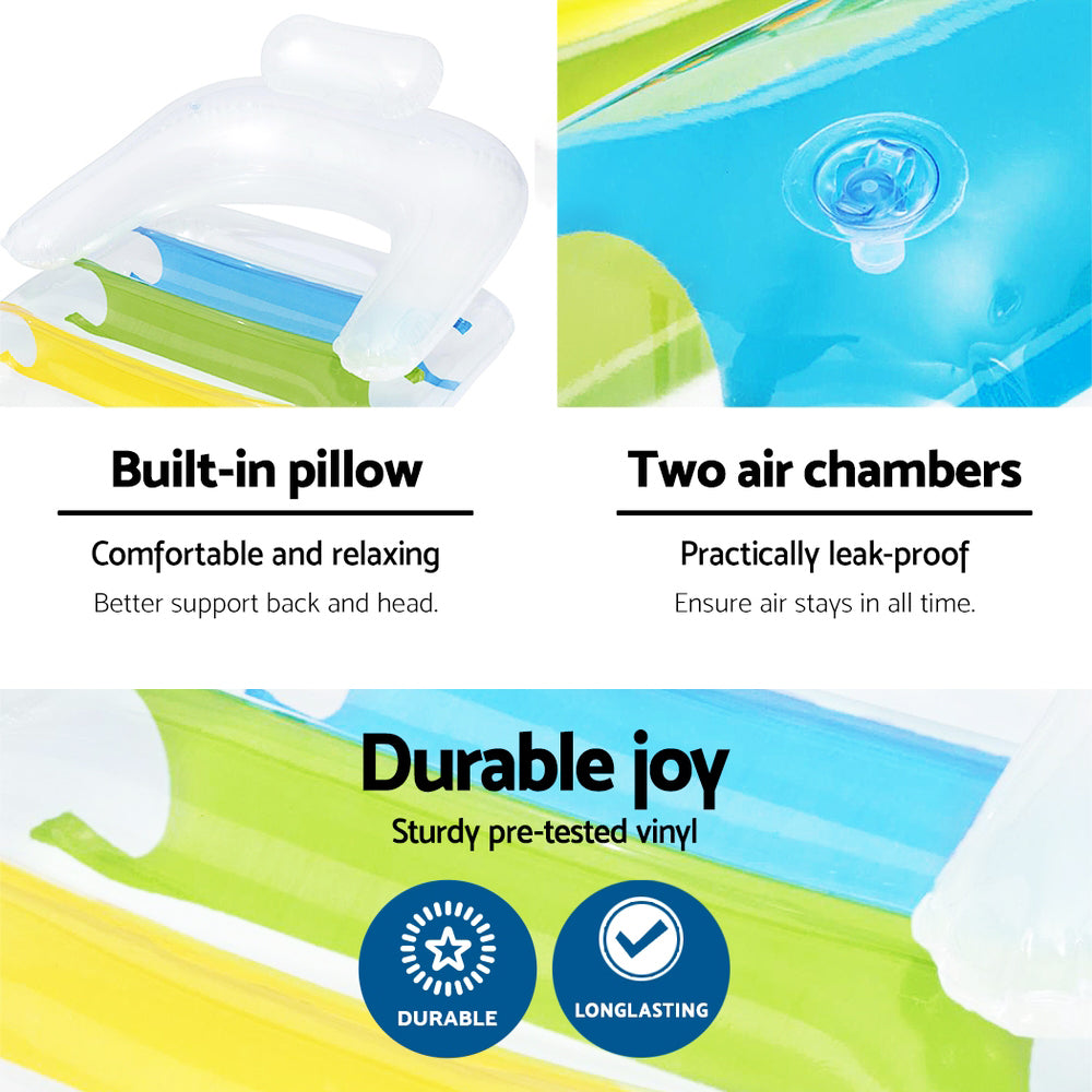 Inflatable lounge seat with built-in pillow, two air chambers, clear vinyl and rainbow panels