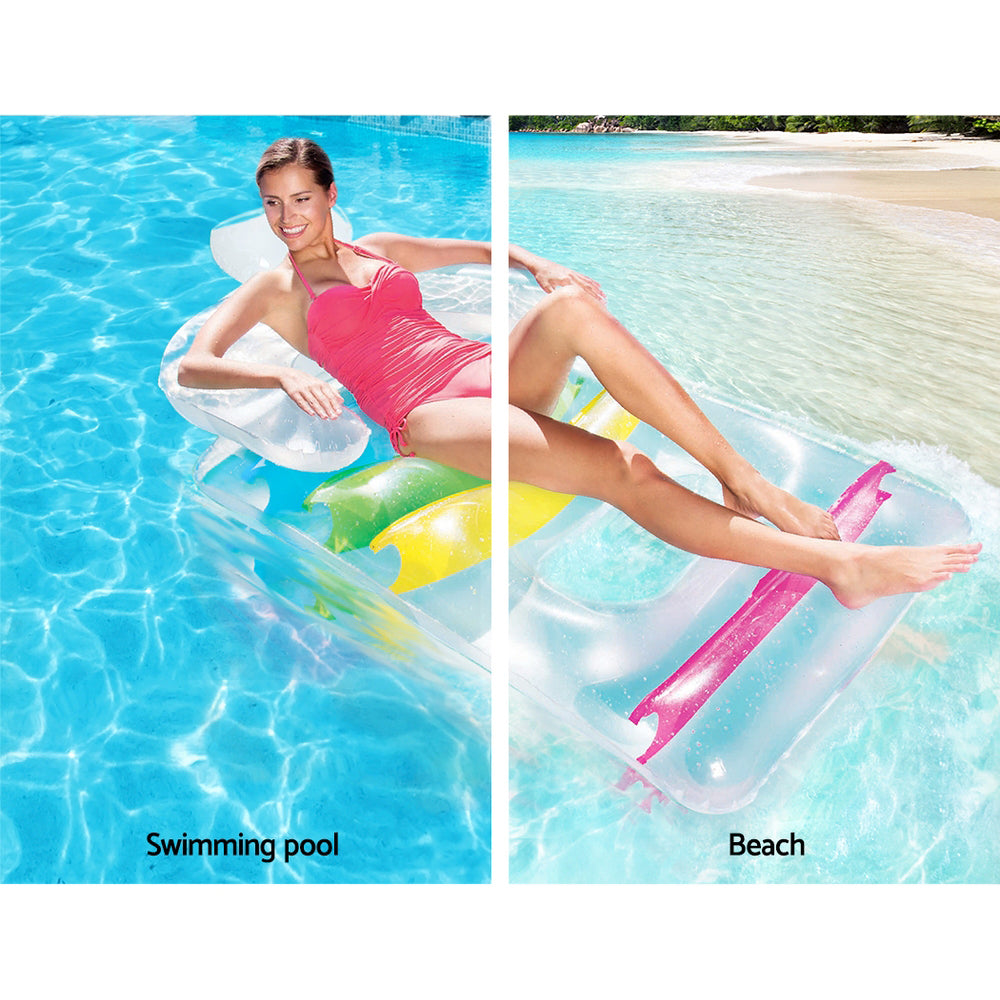 Inflatable pool lounge seat with built-in pillow, clear vinyl and colorful rails on user