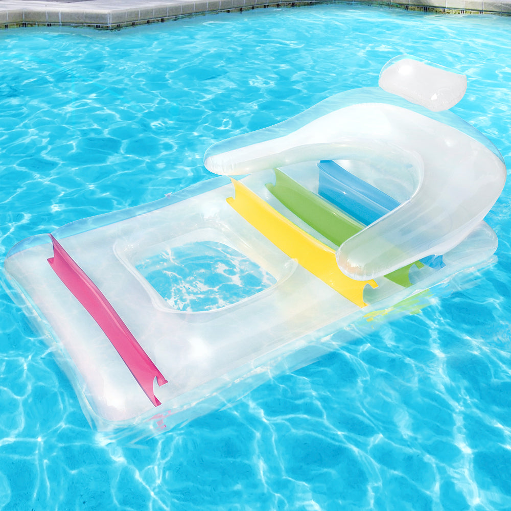 Inflatable pool lounge seat with built-in pillow, clear vinyl and colorful striped rails