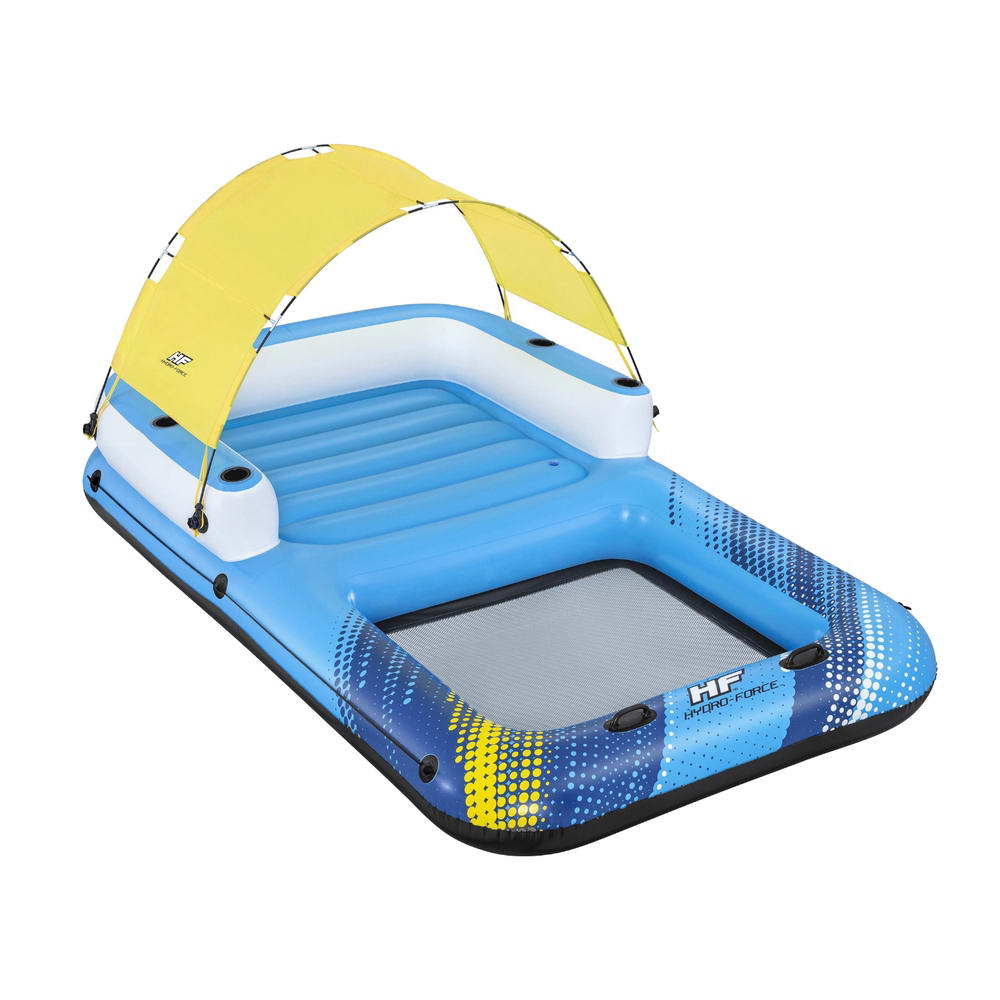 Inflatable floating pool lounger with blue base, gray mat, and yellow sun canopy