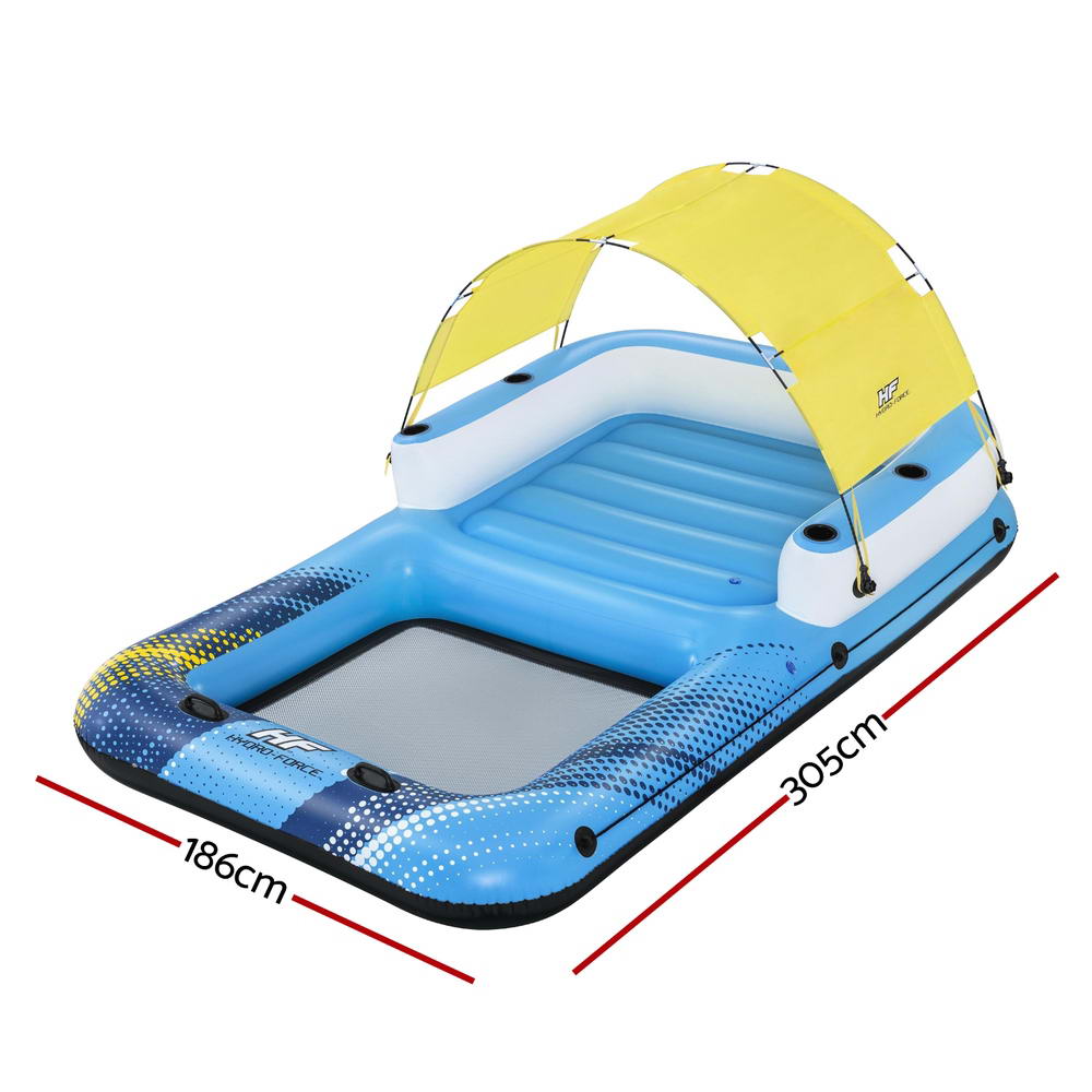 Inflatable floating pool lounger with yellow canopy, blue base, gray sunshade deck