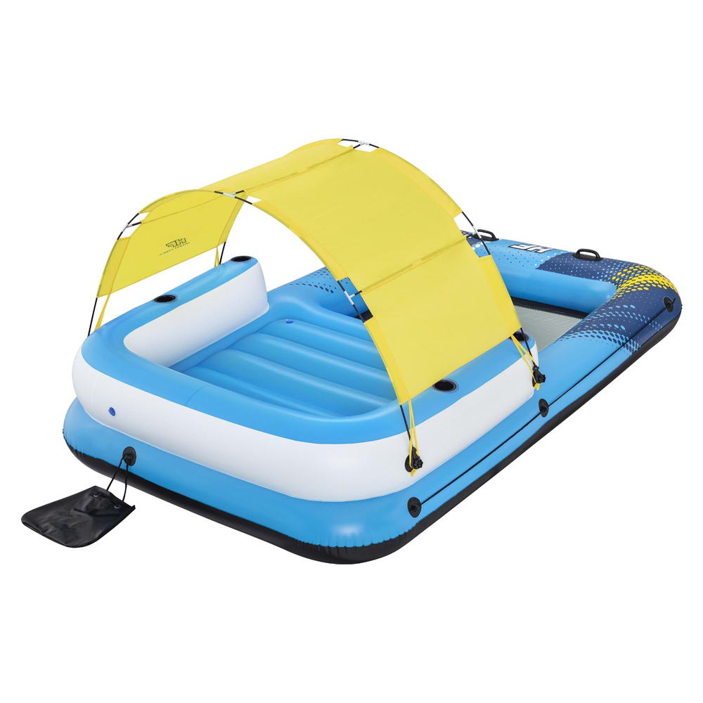 Inflatable floating pool lounger with raised blue backrest and yellow canopy, black paddle