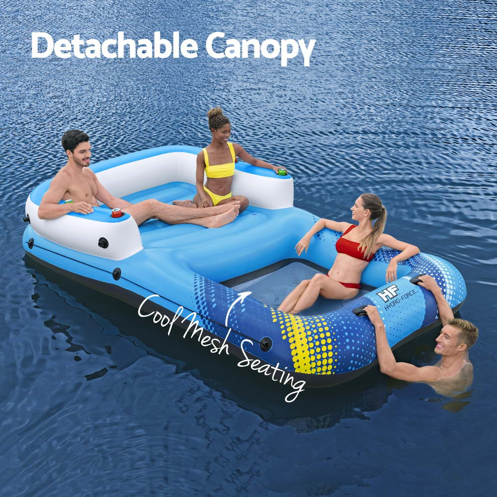 Inflatable floating pool lounger with blue deck and yellow detachable canopy