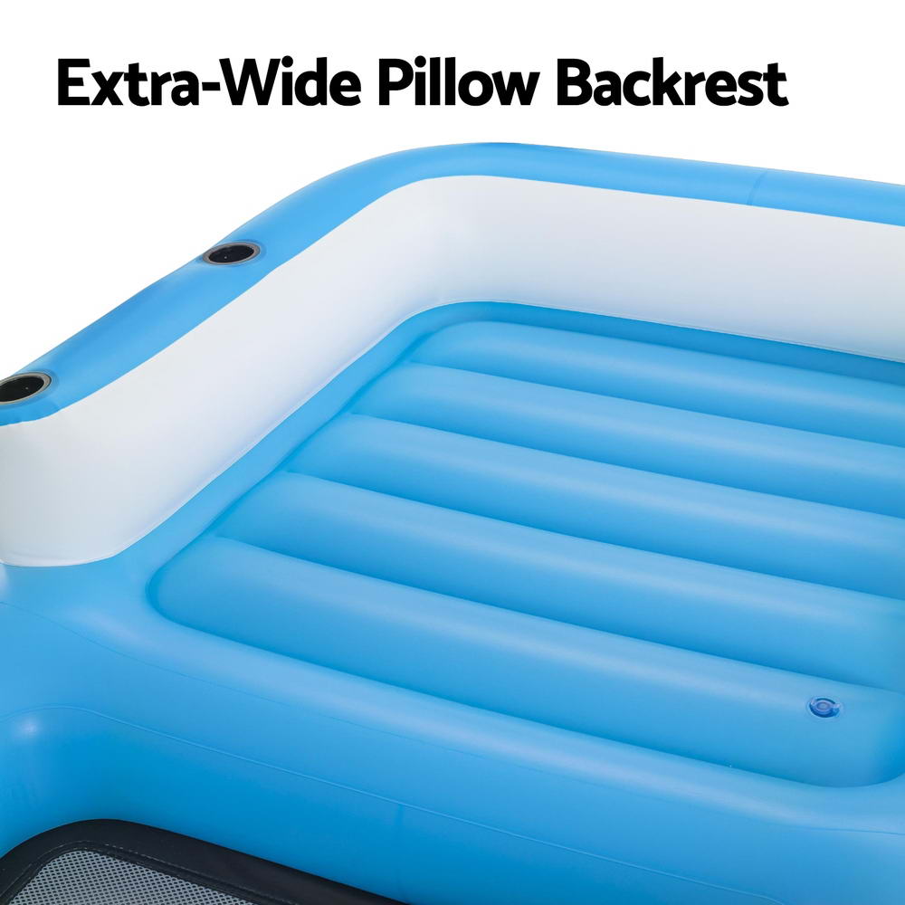 Inflatable pool lounger extra-wide blue backrest with white frame and vent holes