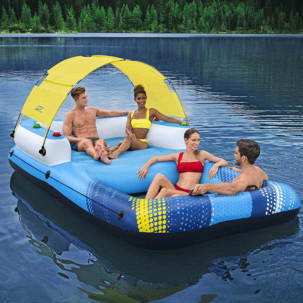 Inflatable floating pool lounger with blue body, yellow canopy, and gray lounge mat