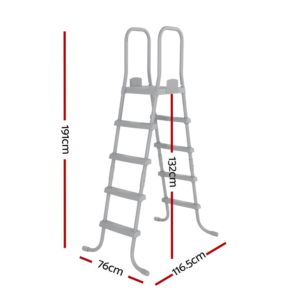 Above-ground pool ladder with removable steps, light gray ladder with curved base