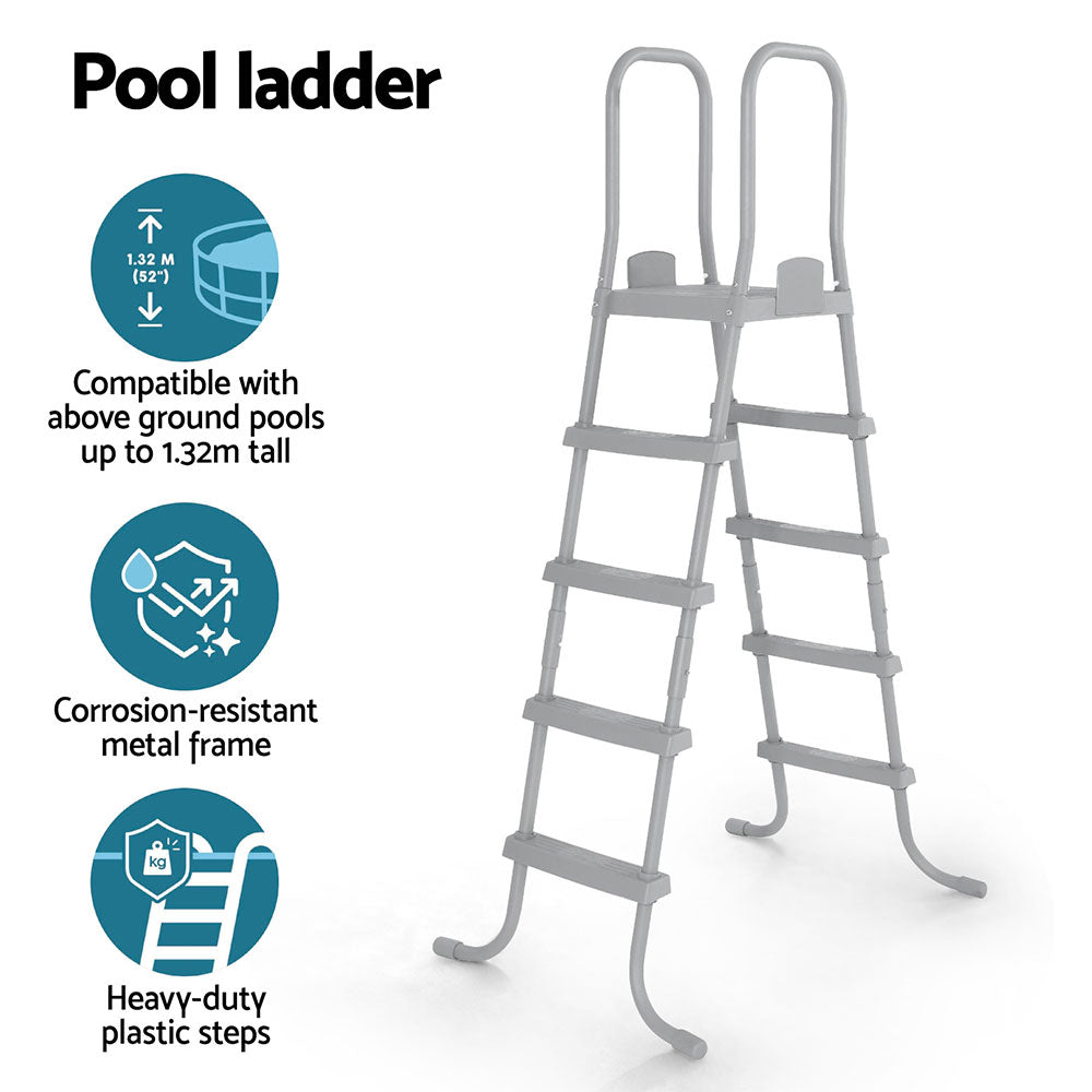 Above-ground pool ladder with removable steps, light gray ladder with rounded handgrips