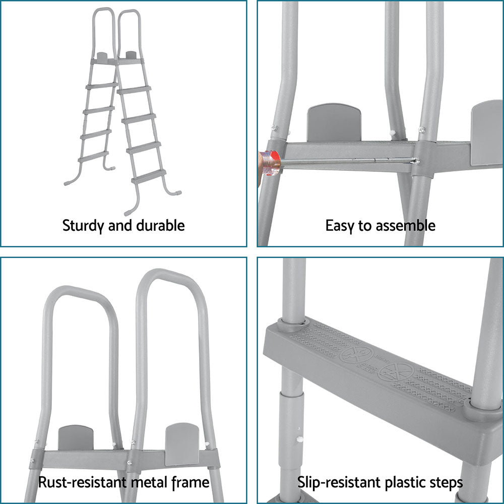Above-ground pool ladder with removable steps, gray slip-resistant plastic step treads