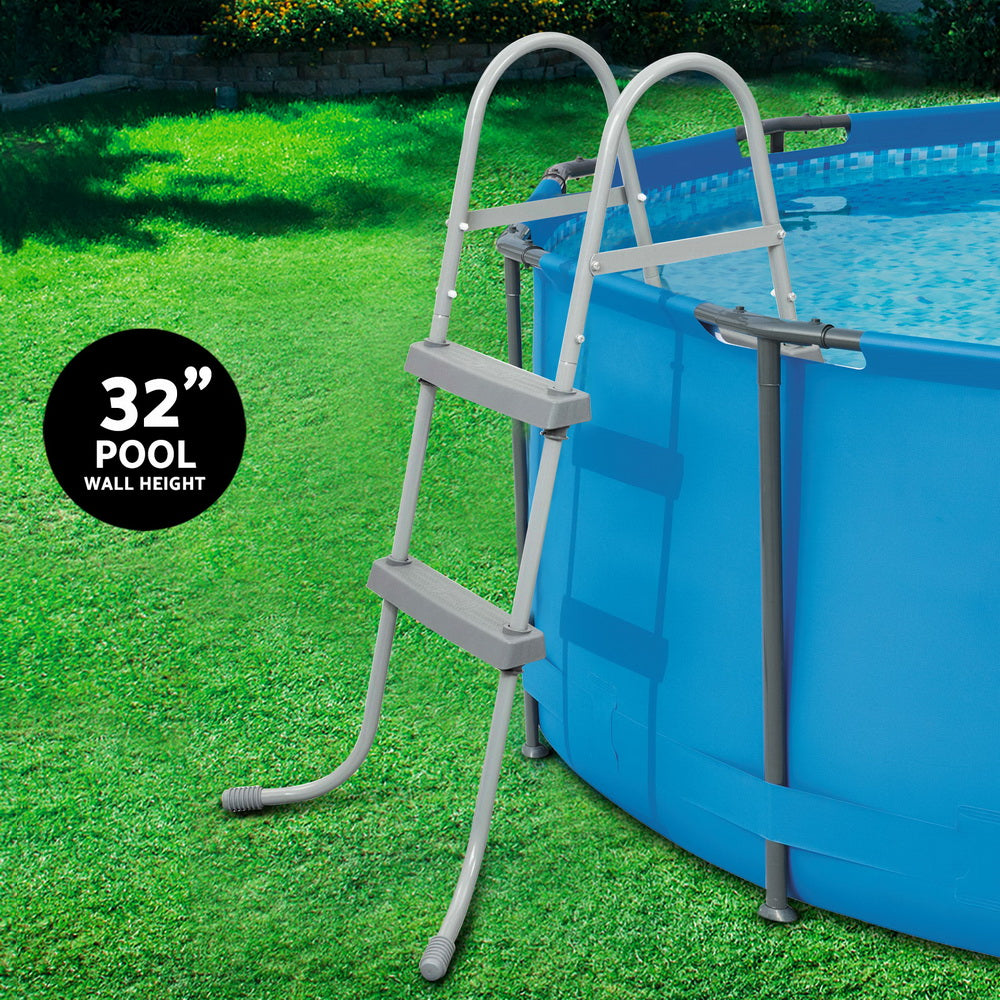 2-step pool ladder with two grey treads beside a round above-ground pool