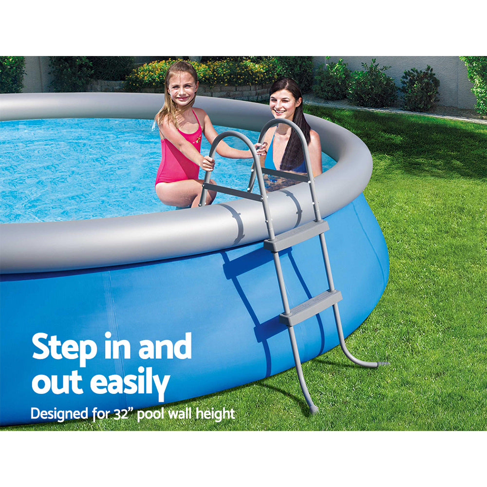 2-step above-ground pool ladder with curved base feet and two grey treads