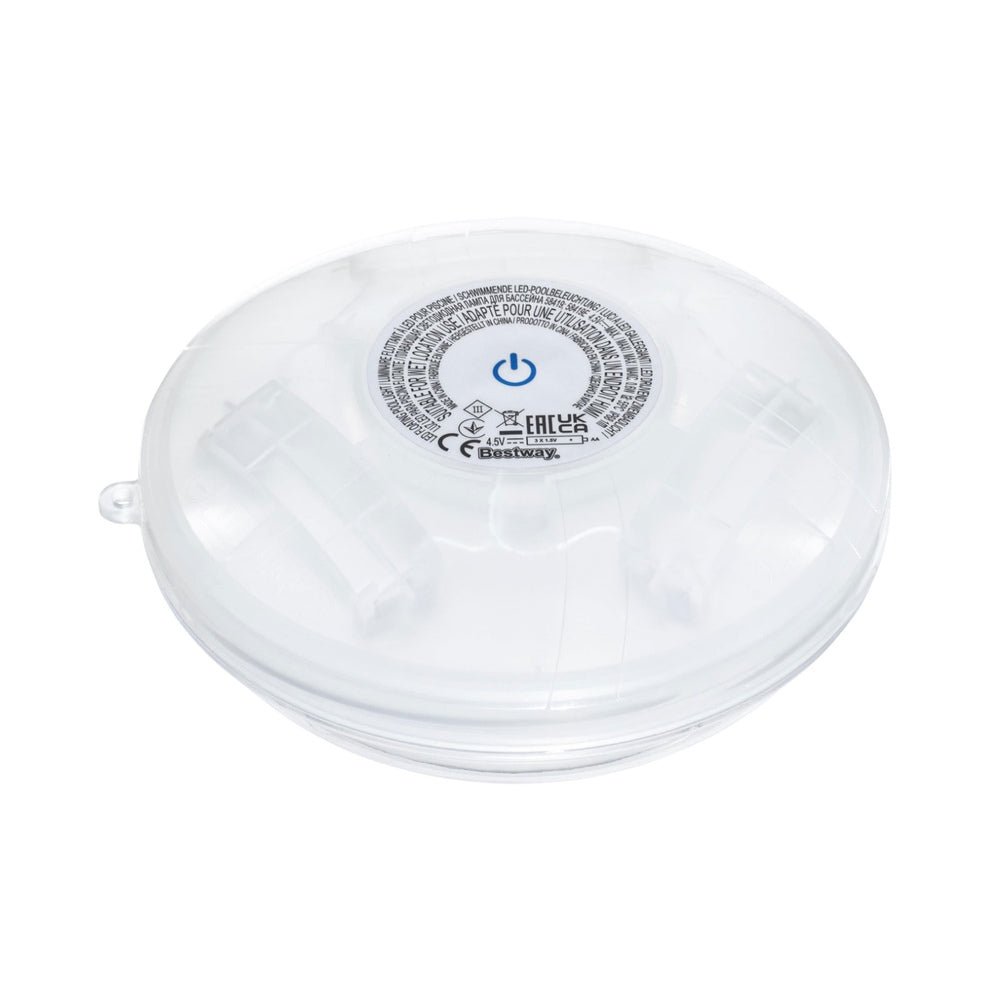 Floating LED pool lamp, white oval base with round power button on top