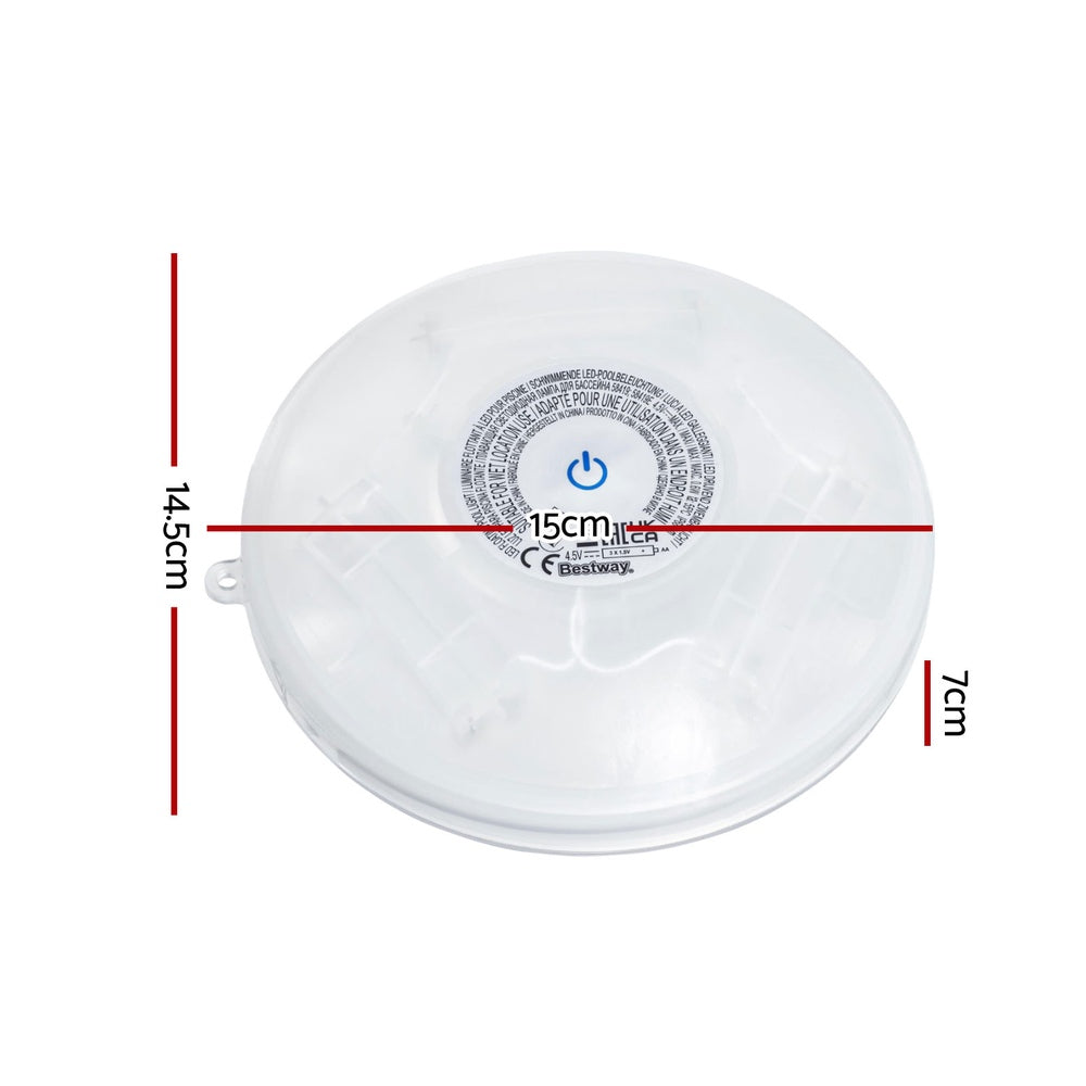 Floating LED pool lamp, white oval with side handle loop and control label on top