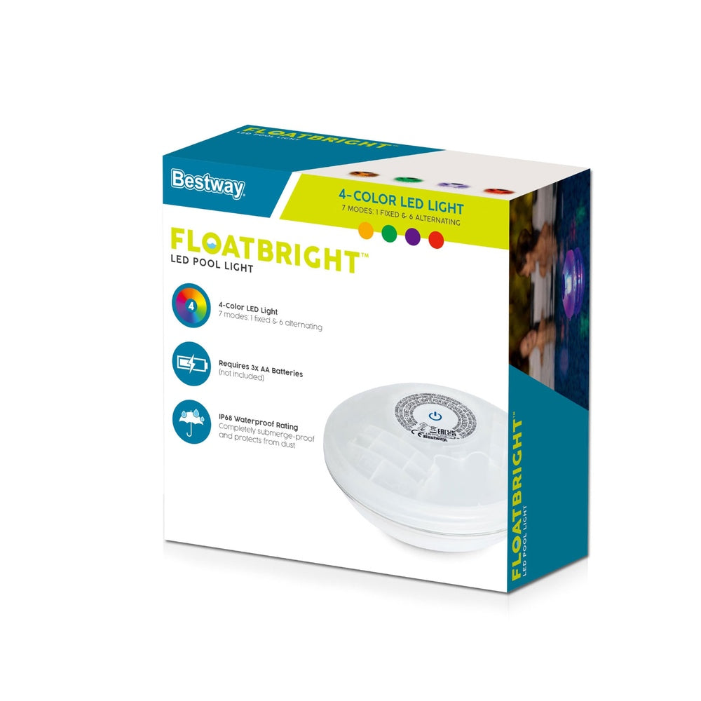 FloatBright LED pool light box showing white oval lamp with clear base