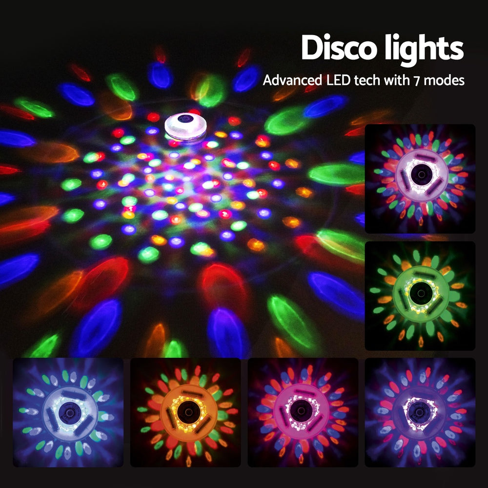 Multi-color disco light projections from a floating LED pool lamp, circular patterns