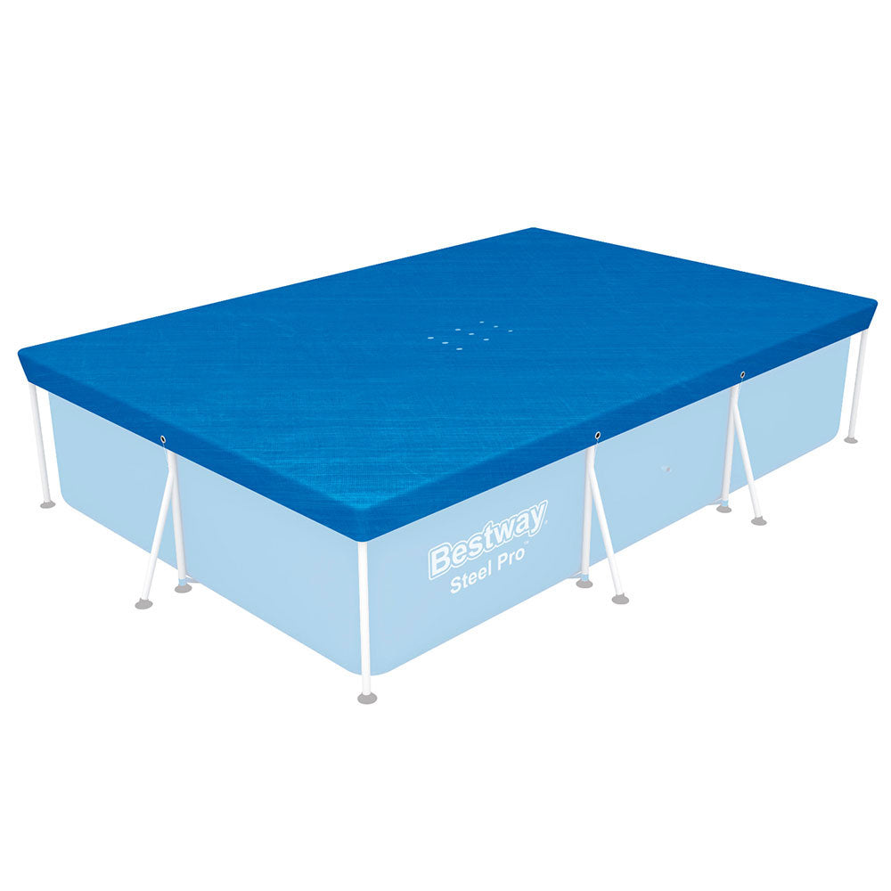 Blue Bestway SteePro rectangular pool cover on above-ground pool with grommets