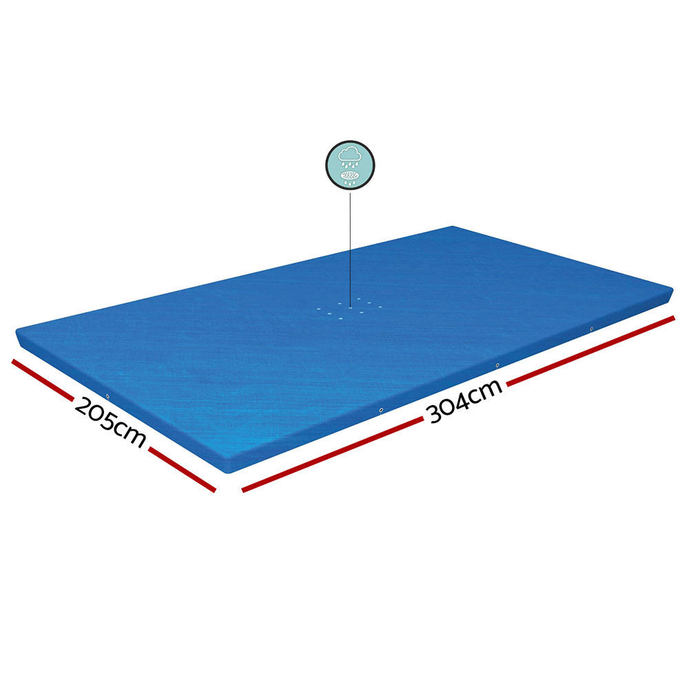 Blue rectangular pool cover with labeled 205cm x 304cm dimensions