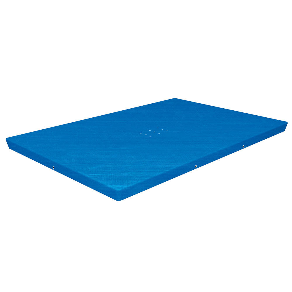 Blue rectangular pool cover with reinforced corners and grommets