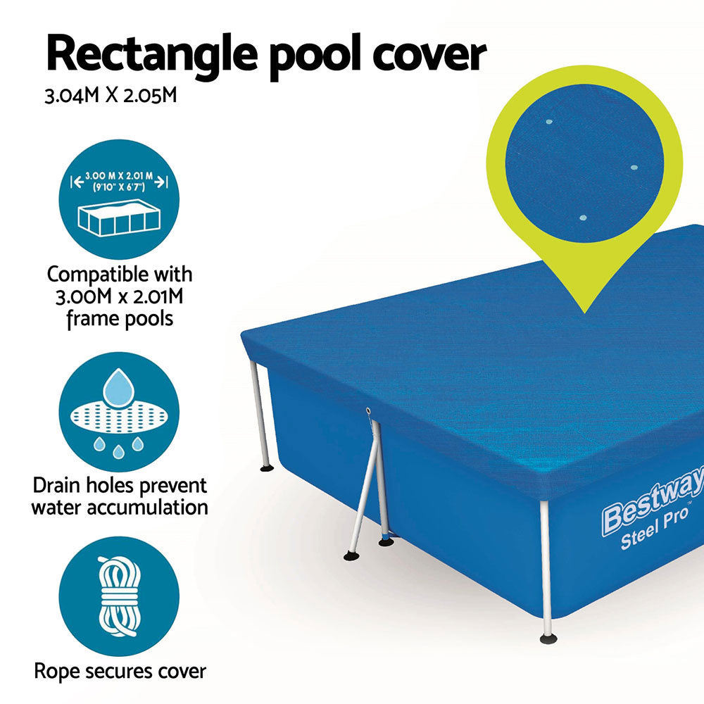 Blue rectangular pool cover, 3.04 m x 2.05 m, with drain holes and rope