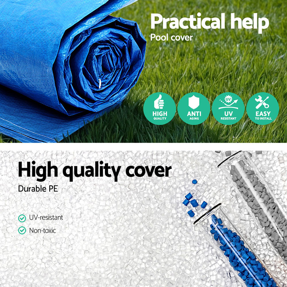 Rolled blue PE pool cover with UV-resistant, anti-aging, and easy install icons